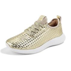 Imagem de LUCKY STEP Tênis feminino metálico fashion de couro sintético cravejado, tênis de caminhada casual leve, Dourado, 38