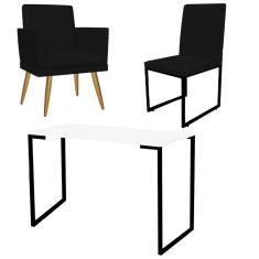 Imagem de Kit Escritório Stan Poltrona Rodapé com Cadeira e Mesa Industrial Branco Preto Corino Preto - Ahz Móveis