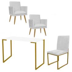 Imagem de Kit Escritório Stan 2 Poltronas Rodapé com Cadeira e Mesa Industrial Branco Dourado Tecido Sintético Branco - Ahz Móveis