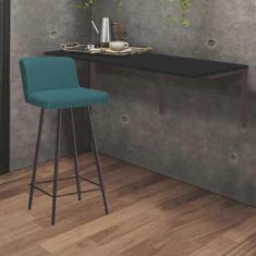Imagem de Kit Mesa Suspensa de Parede Fixa mdf Preto + 1 Banqueta Lexi Ferro Marrom Suede Azul Turquesa - Ahazzo Móveis