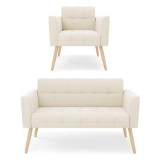 Imagem de Kit 1 Sofá Namoradeira E 1 Poltrona Elisa Veludo Bege Pés Palito Natural - D`rossi