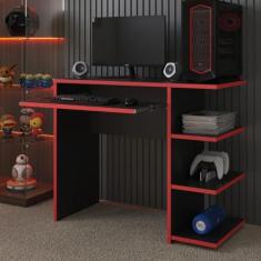 Imagem de Escrivaninha/Mesa de Computador com 1 Gaveta e Prateleiras Organizadora para Quarto ou Escritório de Estudo Gamer (Preto/Vermelho)