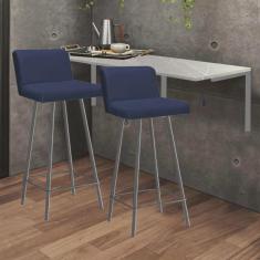 Imagem de Kit Mesa Suspensa de Parede Fixa mdf Marmorizado + 2 Banquetas Lexi Ferro Prata Sintético Azul Marinho - Ahazzo Móveis