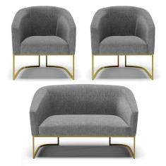 Imagem de Namoradeira E 2 Poltronas Base Industrial Dourado Stella Linho Grafite A26 D03 - D`rossi