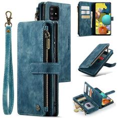 Imagem de UEEBAI Capa carteira para Samsung Galaxy A51 4G, capa de telefone premium feita à mão de couro PU com compartimentos para cartões, fecho magnético, bolso com zíper, suporte, capa flip com alça de mão