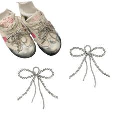 Imagem de 2 peças de pingentes de decoração de sapatos com laço de pérolas, para tênis, sapatos sociais, fivela elegante, corrente de contas de pérola para mulheres, acessórios de sapato para presente de