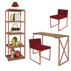 Imagem de Kit Escritório Bex 2 Cadeiras Suede Vermelho com 1 Mesa e 1 Livreiro Ferro Bronze MDF Caramelo - Ahazzo Móveis