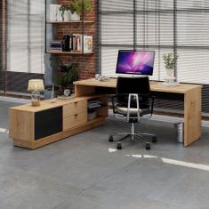 Imagem de Escrivaninha para Escritório em L Executiva 200x180cm com Balcão Cayman Yescasa Vermont Oak/Preto Trama