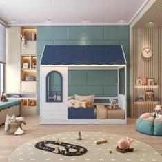 Imagem de Cama Reversível Casinha com Telhado, Led, Janela e Grade Frontal New Garden Casatema Branco/Azul