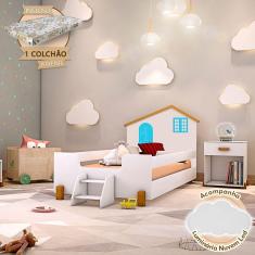 Imagem de Cama Montessoriana Infantil Juvenil Belissima Azul - Branco E Amêndoa + Luminária Led + Colchão - Branco