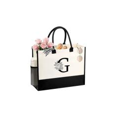 Imagem de JTENGTOP Sacola feminina com nome personalizado, presente de dama de honra de aniversário, melhor amiga, dama de honra, bolsas de lona com inicial, Preto e branco, One Size