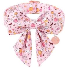 Imagem de UP URARA PUP Coleira para cães de Halloween com flor, coleira rosa para cachorrinho de Halloween com fivela de metal ajustável, gravata borboleta chique para cães de Halloween para meninas, meninos,