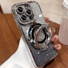Imagem de Luxo sem fio de carregamento caso jóias para iphone 11 12 13 14 15 pro max plus glitter anel magnético suporte pára-choques capa, prata, para iphone 15plus