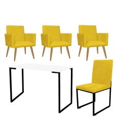 Imagem de Kit Escritório Stan 3 Poltronas com Cadeira e Mesa Industrial Tampo Branco Preto Corino Amarelo - Ahz Móveis