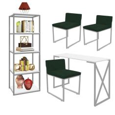 Imagem de Kit Escritório Bex 3 Cadeiras Suede Verde com 1 Mesa e 1 Livreiro Ferro Cinza MDF Branco - Ahazzo Móveis