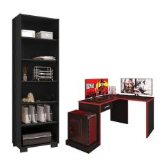 Imagem de Mesa Para Computador Gamer Drx 9000 Com Extensora E Livreiro Office Preto Trama Vermelho - Móveis Leão