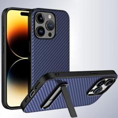 Imagem de POCHY Capa à prova de choque para iPhone 15 Pro Max/15 Plus/15 Pro/15, capa de vidro rígido, proteção antiarranhões de fibra de carbono traseira com suporte, azul, 15Pro