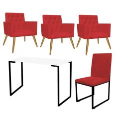 Imagem de Kit Escritório Stan 3 Poltronas Capitonê com Cadeira e Mesa Industrial Branco Preto Suede Vermelho - Ahz Móveis