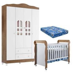 Imagem de Berço Americano Mirelle e Guarda Roupa New Selena 4 Portas Branco Acetinado Amadeirado com Colchão Ortobom - Carolina Móveis