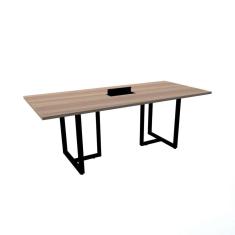 Imagem de Mesa de Reunião com Caixa de Tomada 200 x 90 cm Pé Tubular PE25 em MDP Cor Noce Naturalle Base Preta