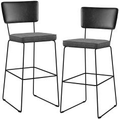 Imagem de Kit 02 Banquetas Altas Sala Jantar Fixa Allana L02 Couríssimo Preto Linho Cinza Escuro - Lyam Decor