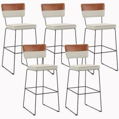 Imagem de Kit 05 Banquetas Altas Sala Jantar Allana L02 Faixa Couríssimo Camel Linho Champagne - Lyam Decor