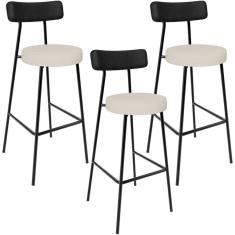 Imagem de Kit 03 Banquetas Alta Bar Cozinha Sala De Jantar Milão L02 Couríssimo Preto Linho Cru