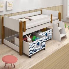 Imagem de Cama Naty Branco/Mel Com 2 Nichos Adesivadas Azul  E Escadinha - Dival