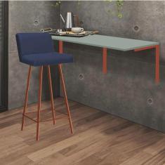 Imagem de Kit Mesa Suspensa de Parede Fixa mdf Verde Oliva + 1 Banqueta Lexi Ferro Bronze Sintético Azul Marinho - Ahazzo Móveis