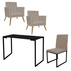 Imagem de Kit Escritório Stan 2 Poltronas Maria com Cadeira e Mesa Industrial Tampo Preto Corino Bege - Ahz Móveis