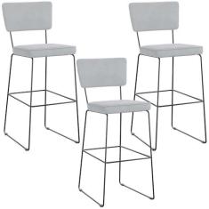 Imagem de Kit 03 Banquetas Alta Para Cozinha Sala De Jantar Base Em Aço Allana L02 Suede Cinza - Lyam Decor