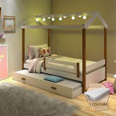 Imagem de Cama Solteiro Com Auxiliar E Led Casinha Montessoriana Eliz Branco/Mel