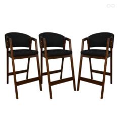 Imagem de Kit 3 Banquetas Alta para Bancada de Cozinha Ravena Madeira Maciça Pinhão Sintético Preto CCS