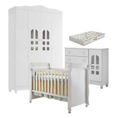 Imagem de Quarto De Bebê New Selena 4 Portas Com Cômoda Selena E Berço Mirelle Branco Brilho E Colchão Gazin