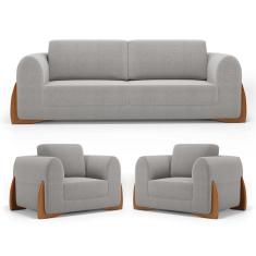 Imagem de Kit 02 Poltronas e 01 Sofá Bloom 220cm 03 Lugares com Pés de Madeira Bouclê Cinza - Desk Design