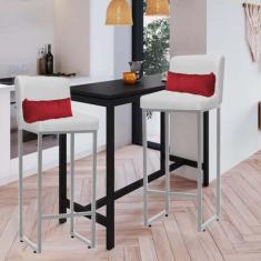 Imagem de Kit 02 Banqueta Alta com Encosto Lucca Industrial Cozinha Balcão Ferro Cinza Corino Branco e Almofada Vermelho - Ahazzo Móveis