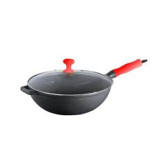 Imagem de Panela Wok Ferro Fundido Tampa Vidro Cabo Silicone 