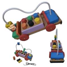 Imagem de Brinquedo Pedagógico Educativo Em Madeira Carrinho Aramado + Pinos Geométricos Premium (Colorido)