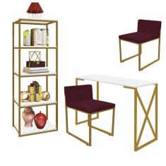 Imagem de Kit Escritório Bex 2 Cadeiras Suede Bordô com 1 Mesa e 1 Livreiro Ferro Dourado MDF Branco - Ahazzo Móveis