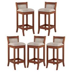 Imagem de Kit 5 Banquetas Média Estofada Lucca 36x83Cm Bancada Bar Balcão Madeira Maciça Linho Bege M58 - RMI