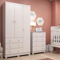 Imagem de Conjunto para Quarto de Bebê Guarda Roupa 3 Portas Cômoda 4 Gavetas Pipoca Móveis Peroba Branco Brilho