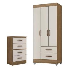 Imagem de Guarda Roupa Solteiro 3 Portas e Cômoda 4 Gavetas Lite Nature Off White - Móveis Leão