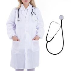 Imagem de mifengda Fantasia de médico cientista, feminina, masculina, branca, de manga comprida, casaco de laboratório, unissex, fantasia de médico adulto, acessórios de fantasia de cientista, com estetoscópio