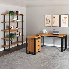 Imagem de Conjunto Home Office 3 Peças 1 Escrivaninha em L 1 Gaveteiro e 1 Estante Industrial Pradel Móveis Preto/freijó