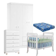 Imagem de Quarto de Bebê 4 Portas com Gaveteiro Ternura Baby e Berço Lila Branco Brilho com Colchão para Berço Americano - Incorplac
