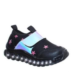 Imagem de Tênis Led Infantil Feminino Meninas Preto Estrela Rosa Holográfico - P