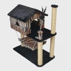 Imagem de Arranhador Brinquedo Casa para Gatos dois andares com rede de pelúcia House Playground para gatos São Pet