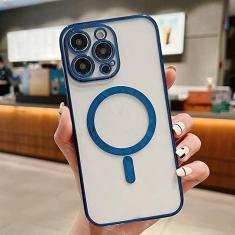 Imagem de Estojo de carga magnética sem fio transparente com revestimento de luxo para iPhone 11 13 12 14 Pro XS Max X XR 8 Plus Capa de silicone macio, azul escuro, para iPhone 14 Pro