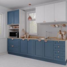 Imagem de Cozinha Modulada 4 Peças 1 Torre Microondas 1 Aéreo 2 Balcões Arizona Cabecasa Madeiramadeira Branco/Azul