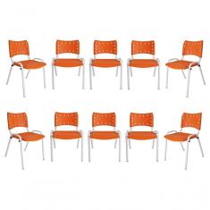 Imagem de Kit 10 Cadeiras Iso Para Escola Escritório Comércio Laranja Base Branca